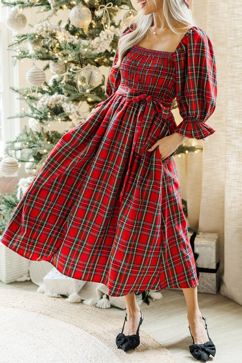 Tartan Plaid Square Neck Puff Sleeve Knot Waist Maxi Dress