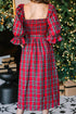 Tartan Plaid Square Neck Puff Sleeve Knot Waist Maxi Dress