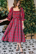 Tartan Plaid Square Neck Puff Sleeve Knot Waist Maxi Dress