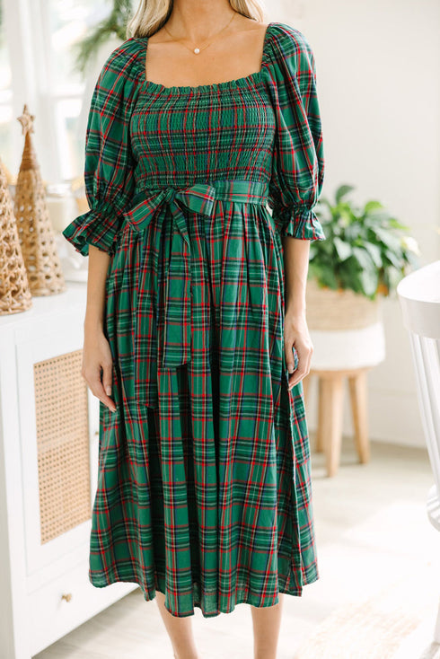 Tartan Plaid Square Neck Puff Sleeve Knot Waist Maxi Dress