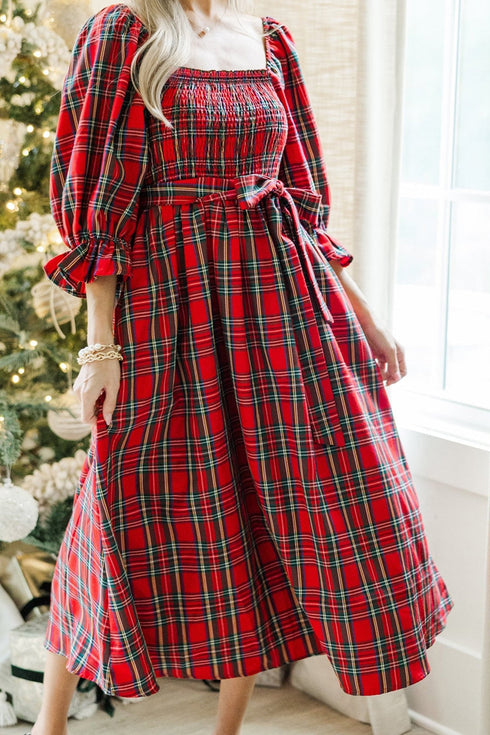 Tartan Plaid Square Neck Puff Sleeve Knot Waist Maxi Dress