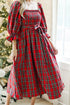 Tartan Plaid Square Neck Puff Sleeve Knot Waist Maxi Dress