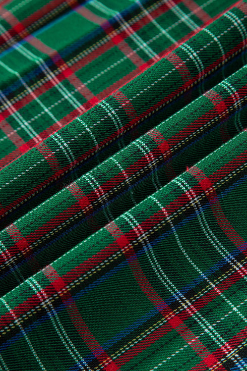Tartan Plaid Square Neck Puff Sleeve Knot Waist Maxi Dress
