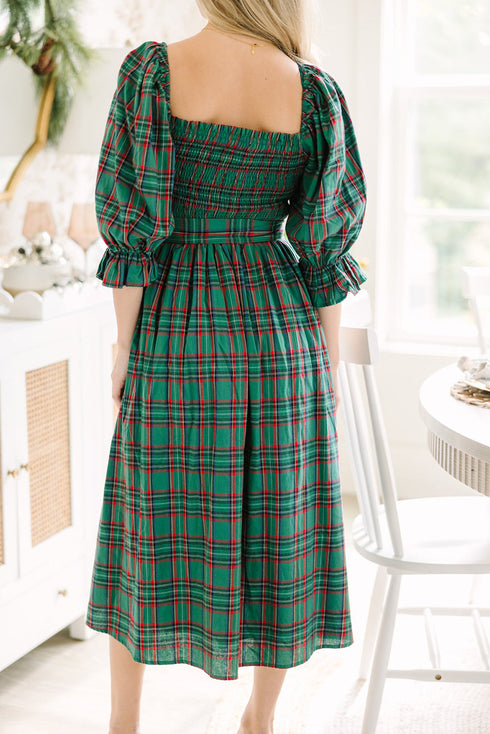 Tartan Plaid Square Neck Puff Sleeve Knot Waist Maxi Dress