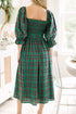 Tartan Plaid Square Neck Puff Sleeve Knot Waist Maxi Dress