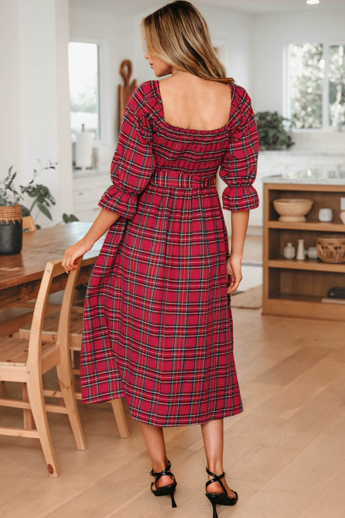 Tartan Plaid Square Neck Puff Sleeve Knot Waist Maxi Dress