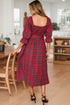 Tartan Plaid Square Neck Puff Sleeve Knot Waist Maxi Dress