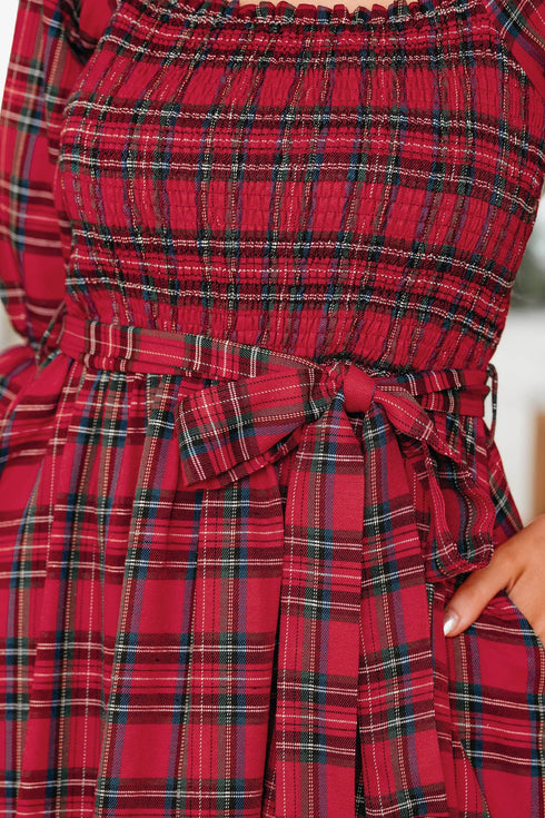 Tartan Plaid Square Neck Puff Sleeve Knot Waist Maxi Dress