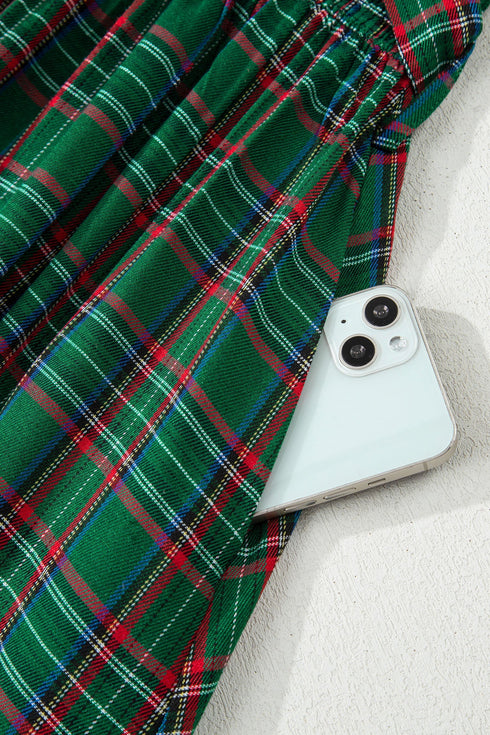 Tartan Plaid Square Neck Puff Sleeve Knot Waist Maxi Dress