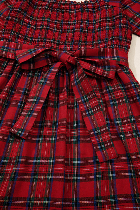 Tartan Plaid Square Neck Puff Sleeve Knot Waist Maxi Dress