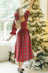 Tartan Plaid Square Neck Puff Sleeve Knot Waist Maxi Dress