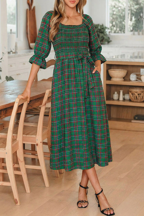 Tartan Plaid Square Neck Puff Sleeve Knot Waist Maxi Dress