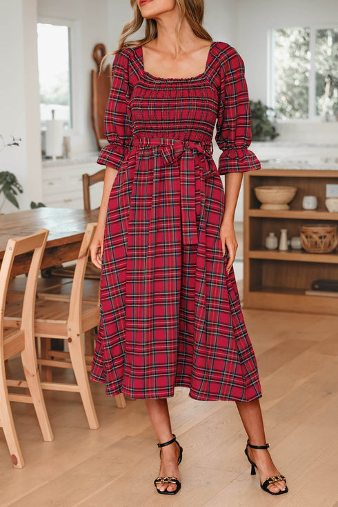 Tartan Plaid Square Neck Puff Sleeve Knot Waist Maxi Dress