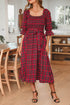 Tartan Plaid Square Neck Puff Sleeve Knot Waist Maxi Dress