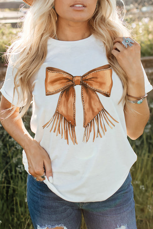 Tassel Bowknot Graphic Print Round Neck Western Inspired Casual Tee Shirt