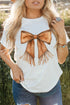 Tassel Bowknot Graphic Print Round Neck Western Inspired Casual Tee Shirt