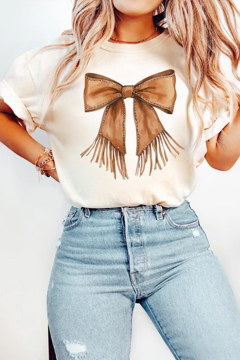 Tassel Bowknot Graphic Print Round Neck Western Inspired Casual Tee Shirt