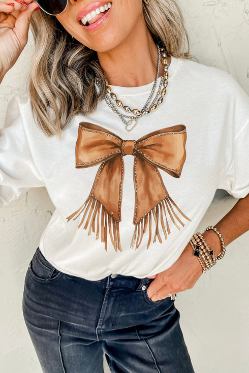 Tassel Bowknot Graphic Print Round Neck Western Inspired Casual Tee Shirt