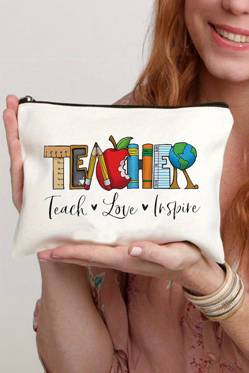 Teacher Graphic Print Faux Leather Zipper Cosmetic Bag