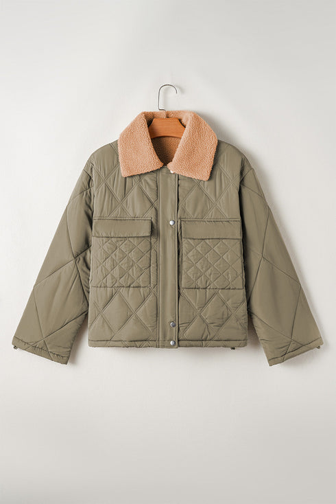 Teddy Collar Flap Pocket Quilted Puffer Jacket