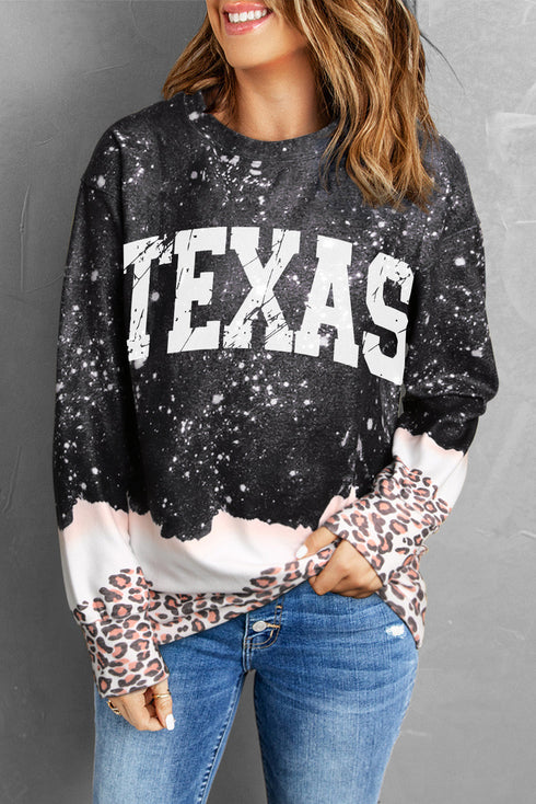 Texas Graphic Distressed Leopard Print Trim Sweatshirt