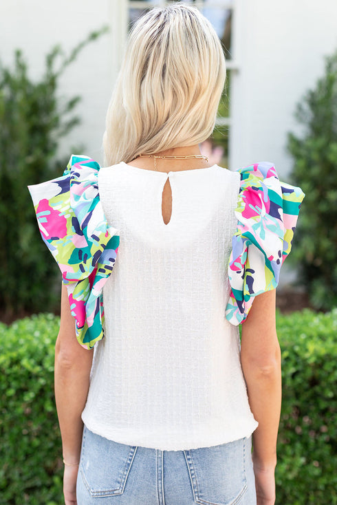 Textured Abstract Print Voluminous Puff Sleeve Top