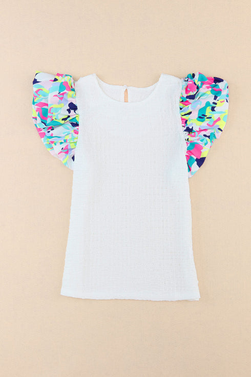 Textured Abstract Print Voluminous Puff Sleeve Top