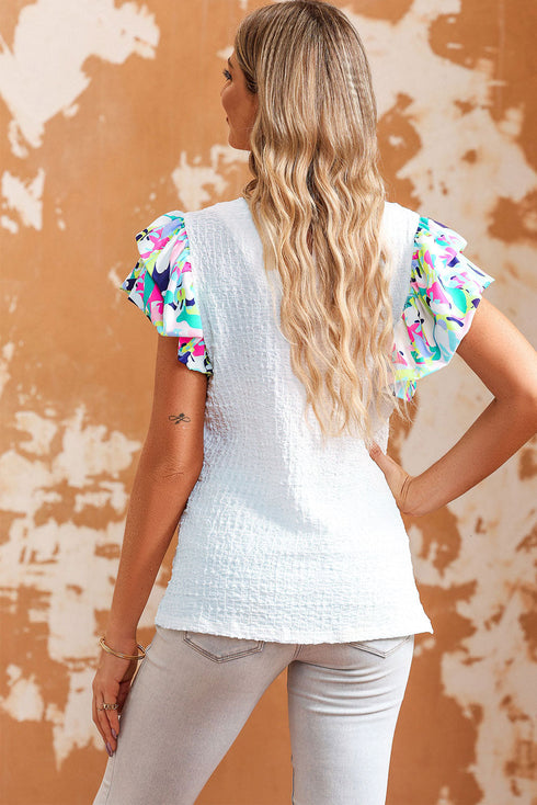 Textured Abstract Print Voluminous Puff Sleeve Top