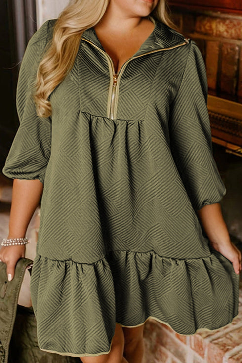 Textured Accent Trim Quarter Zip Bracelet Sleeve Mini Dress