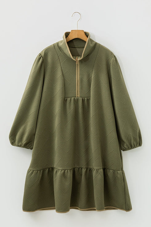 Textured Accent Trim Quarter Zip Bracelet Sleeve Mini Dress