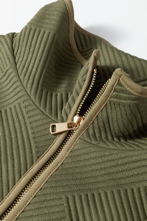 Textured Accent Trim Quarter Zip Bracelet Sleeve Mini Dress