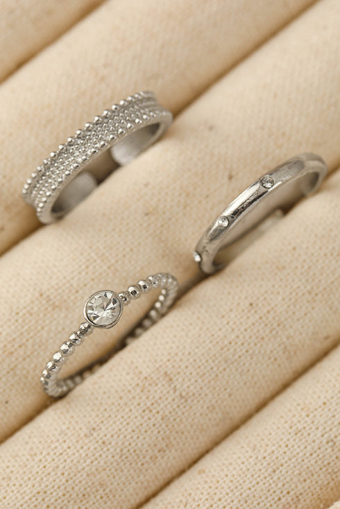 Textured Alloy Rhinestone Adjustable Opening Trio Ring Set