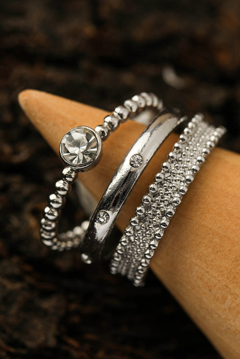 Textured Alloy Rhinestone Adjustable Opening Trio Ring Set