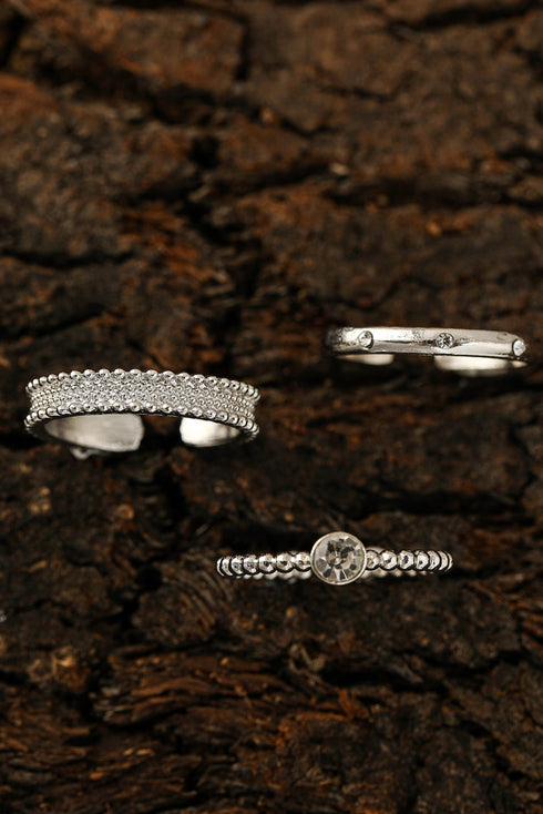 Textured Alloy Rhinestone Adjustable Opening Trio Ring Set