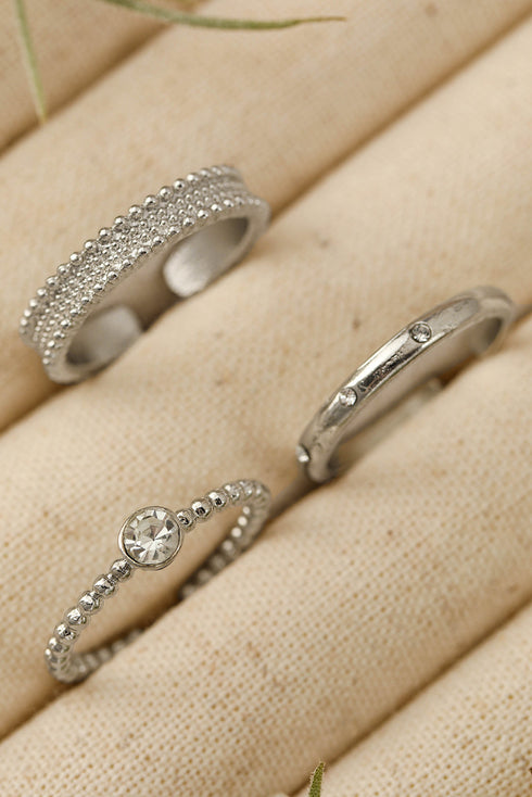 Textured Alloy Rhinestone Adjustable Opening Trio Ring Set