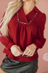 Textured Animal Print Collared V Neck Contrast Trim Blouse