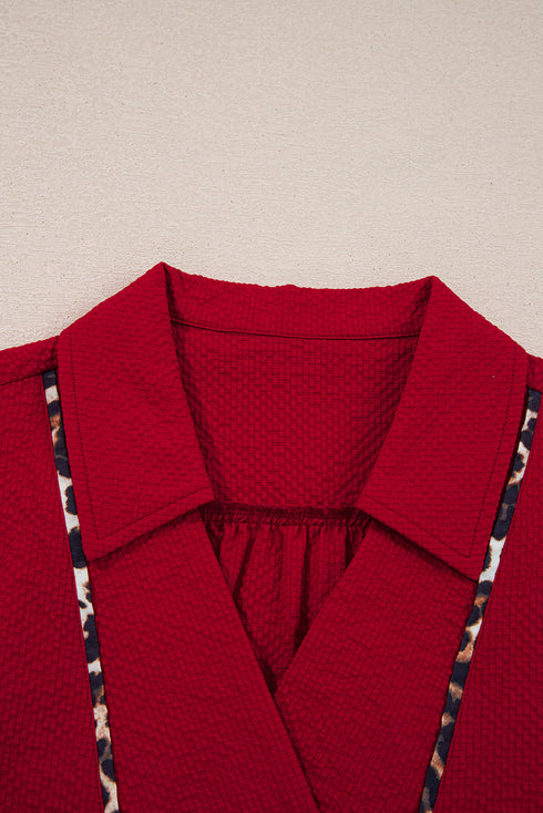 Textured Animal Print Collared V Neck Contrast Trim Blouse