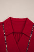 Textured Animal Print Collared V Neck Contrast Trim Blouse
