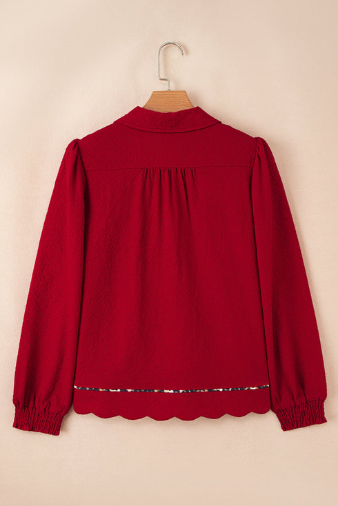 Textured Animal Print Collared V Neck Contrast Trim Blouse