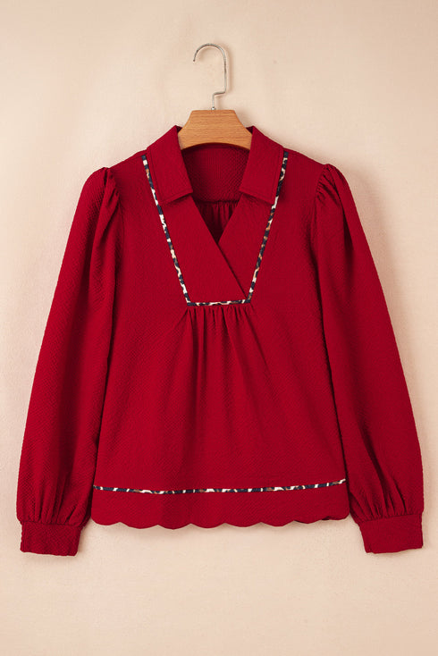 Textured Animal Print Collared V Neck Contrast Trim Blouse