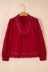 Textured Animal Print Collared V Neck Contrast Trim Blouse