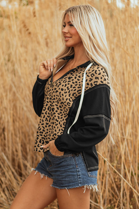Textured Animal Print Contrast Stitch Quarter Zip Pullover