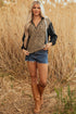 Textured Animal Print Contrast Stitch Quarter Zip Pullover