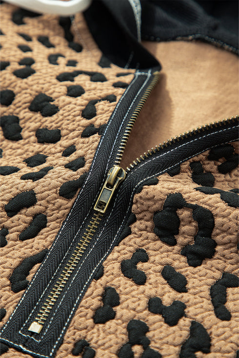 Textured Animal Print Contrast Stitch Quarter Zip Pullover