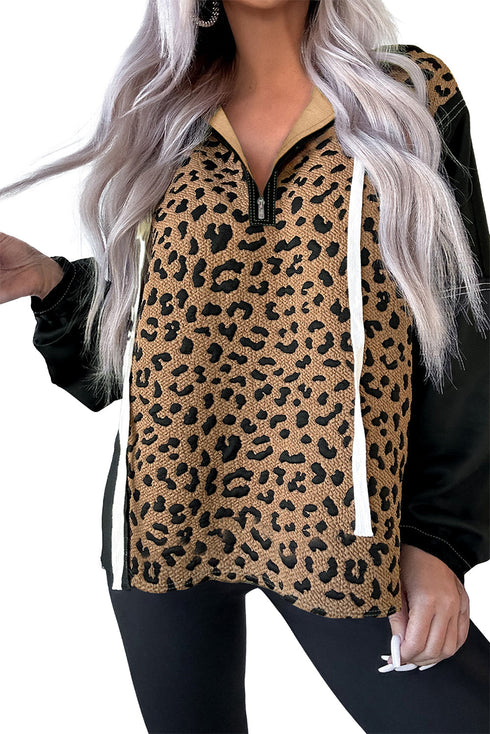 Textured Animal Print Contrast Stitch Quarter Zip Pullover