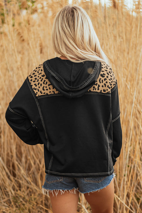 Textured Animal Print Contrast Stitch Quarter Zip Pullover