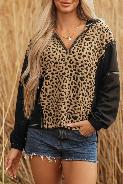 Textured Animal Print Contrast Stitch Quarter Zip Pullover