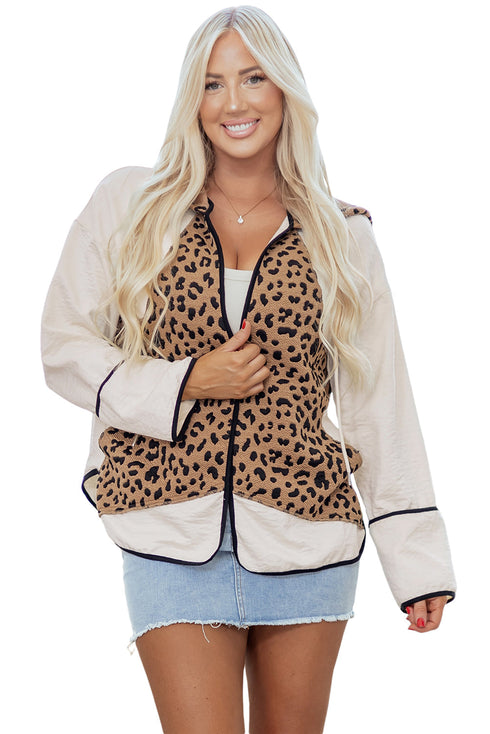 Textured Animal Print Mixed Media Hooded Jacket