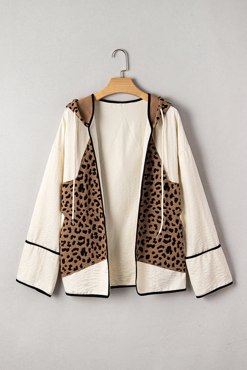 Textured Animal Print Mixed Media Hooded Jacket