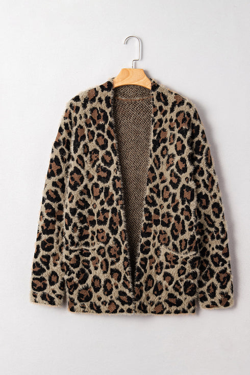 Textured Animal Print Open Front Pocketed Cardigan